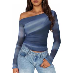 imageZESICA Womens Floral Off Shoulder Long Sleeve Tops 2025 Fall Mesh Ruched Fitted Trendy Going Out Shirts BlousesDustyblue
