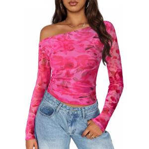 imageZESICA Womens Floral Off Shoulder Long Sleeve Tops 2025 Fall Mesh Ruched Fitted Trendy Going Out Shirts BlousesRose