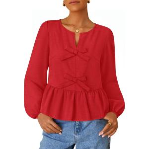 imageZESICA Womens Long Sleeve Babydoll Tops Crewneck Tie Front Casual Loose Ruffle Flowy Peplum Shirts 2025 Fall BlousesRed