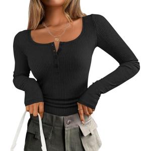 imageZESICA Womens Long Sleeve Button Ribbed Shirts Spring Scoop Neck Casual Henly TopsBlack