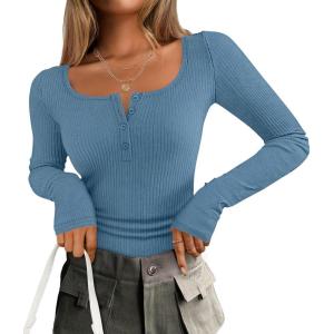 imageZESICA Womens Long Sleeve Button Ribbed Shirts Spring Scoop Neck Casual Henly TopsDustyblue