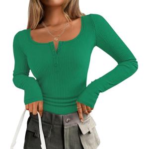 imageZESICA Womens Long Sleeve Button Ribbed Shirts Spring Scoop Neck Casual Henly TopsGreen