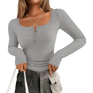 imageZESICA Womens Long Sleeve Button Ribbed Shirts Spring Scoop Neck Casual Henly TopsGrey