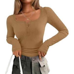 imageZESICA Womens Long Sleeve Button Ribbed Shirts Spring Scoop Neck Casual Henly TopsKhaki