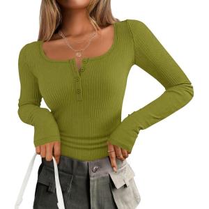 imageZESICA Womens Long Sleeve Button Ribbed Shirts Spring Scoop Neck Casual Henly TopsOlive