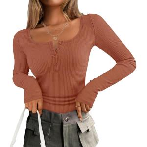 imageZESICA Womens Long Sleeve Button Ribbed Shirts Spring Scoop Neck Casual Henly TopsRust
