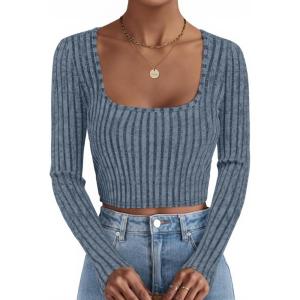 imageZESICA Womens Long Sleeve Crop Tops Square Neck Slim Fitted Shirts Casual Basic Tees 2025 Fall Trendy ClothesDustyblue