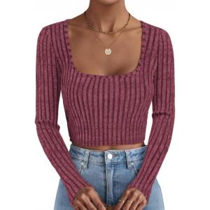 imageZESICA Womens Long Sleeve Crop Tops Square Neck Slim Fitted Shirts Casual Basic Tees 2025 Fall Trendy ClothesWine