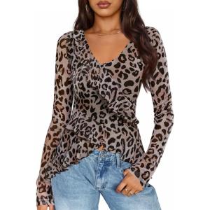 imageZESICA Womens Long Sleeve Floral Shirts V Neck Going Out Ruffle Tops Blouses 2025 Fall Fashion Clothes OutfitsBrownleopard