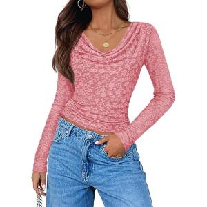 imageZESICA Womens Long Sleeve Floral Tops Cowl Neck Slim Fit Going Out Shirts 2025 Fall Fashion Outfits ClothesPink