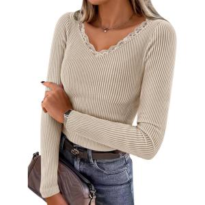 imageZESICA Womens Long Sleeve Lace V Neck Shirts 2025 Fall Fashion Slim Fit Tops Ribbed Knit Dressy Business Casual BlousesApricot