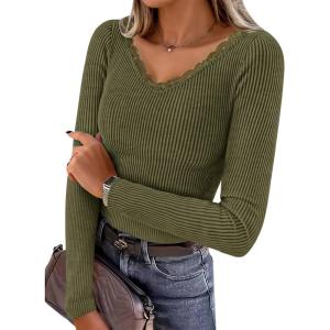 imageZESICA Womens Long Sleeve Lace V Neck Shirts 2025 Fall Fashion Slim Fit Tops Ribbed Knit Dressy Business Casual BlousesArmy Green