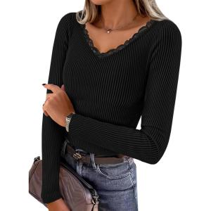 imageZESICA Womens Long Sleeve Lace V Neck Shirts 2025 Fall Fashion Slim Fit Tops Ribbed Knit Dressy Business Casual BlousesBlack