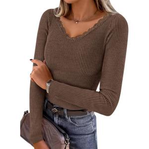 imageZESICA Womens Long Sleeve Lace V Neck Shirts 2025 Fall Fashion Slim Fit Tops Ribbed Knit Dressy Business Casual BlousesBrown