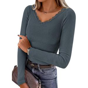 imageZESICA Womens Long Sleeve Lace V Neck Shirts 2025 Fall Fashion Slim Fit Tops Ribbed Knit Dressy Business Casual BlousesDusty Blue
