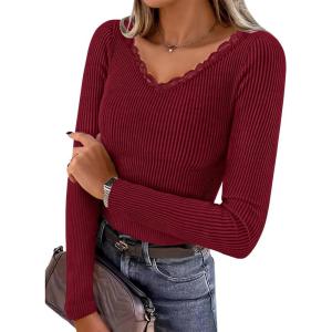 imageZESICA Womens Long Sleeve Lace V Neck Shirts 2025 Fall Fashion Slim Fit Tops Ribbed Knit Dressy Business Casual BlousesWine Red