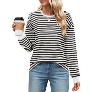 imageZESICA Womens Long Sleeve Striped Shirts Fall Crewneck Casual Loose Fit Tunic TopsBlackwhite