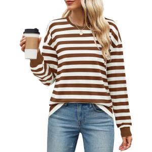 imageZESICA Womens Long Sleeve Striped Shirts Fall Crewneck Casual Loose Fit Tunic TopsBrown
