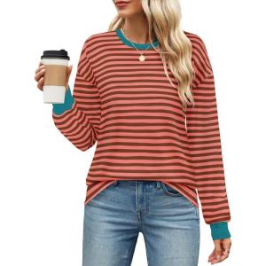 imageZESICA Womens Long Sleeve Striped Shirts Fall Crewneck Casual Loose Fit Tunic TopsCoral