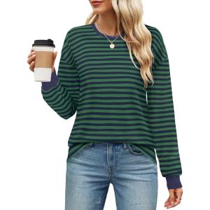 imageZESICA Womens Long Sleeve Striped Shirts Fall Crewneck Casual Loose Fit Tunic TopsDarkgreen
