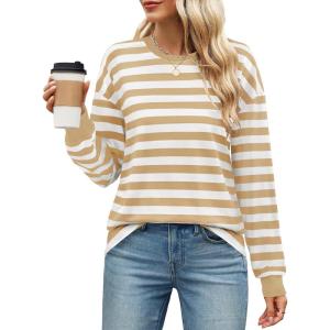 imageZESICA Womens Long Sleeve Striped Shirts Fall Crewneck Casual Loose Fit Tunic TopsKhaki
