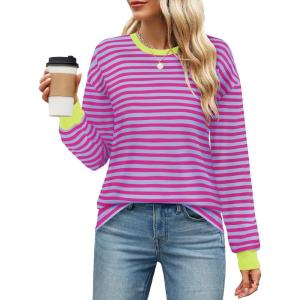 imageZESICA Womens Long Sleeve Striped Shirts Fall Crewneck Casual Loose Fit Tunic TopsMagenta