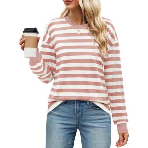 imageZESICA Womens Long Sleeve Striped Shirts Fall Crewneck Casual Loose Fit Tunic TopsPink