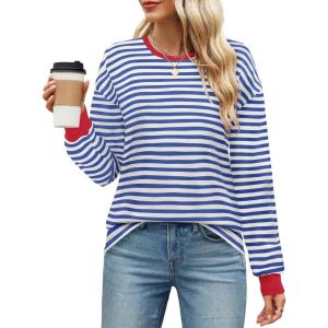 imageZESICA Womens Long Sleeve Striped Shirts Fall Crewneck Casual Loose Fit Tunic TopsRoyalblue