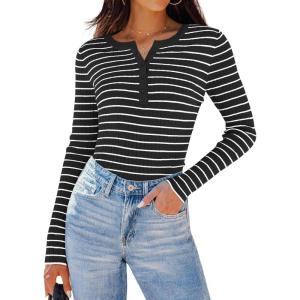 imageZESICA Womens Long Sleeve Striped Shirts V Neck Button Up Sweater Casual Loose Basic Tops Trendy Spring ClothesBlack