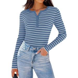 imageZESICA Womens Long Sleeve Striped Shirts V Neck Button Up Sweater Casual Loose Basic Tops Trendy Spring ClothesBlue