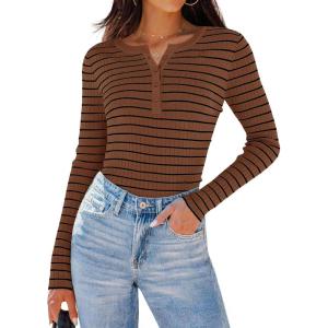 imageZESICA Womens Long Sleeve Striped Shirts V Neck Button Up Sweater Casual Loose Basic Tops Trendy Spring ClothesBrown