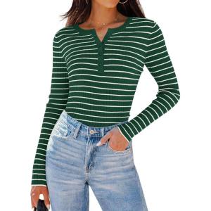 imageZESICA Womens Long Sleeve Striped Shirts V Neck Button Up Sweater Casual Loose Basic Tops Trendy Spring ClothesGreen