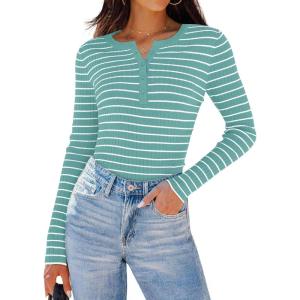 imageZESICA Womens Long Sleeve Striped Shirts V Neck Button Up Sweater Casual Loose Basic Tops Trendy Spring ClothesMint