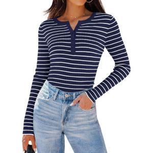 imageZESICA Womens Long Sleeve Striped Shirts V Neck Button Up Sweater Casual Loose Basic Tops Trendy Spring ClothesNavy