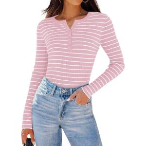 imageZESICA Womens Long Sleeve Striped Shirts V Neck Button Up Sweater Casual Loose Basic Tops Trendy Spring ClothesPink
