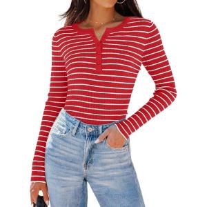 imageZESICA Womens Long Sleeve Striped Shirts V Neck Button Up Sweater Casual Loose Basic Tops Trendy Spring ClothesRed