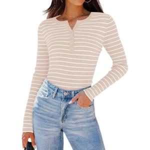 imageZESICA Womens Long Sleeve Striped Shirts V Neck Button Up Sweater Casual Loose Basic Tops Trendy Spring ClothesSand
