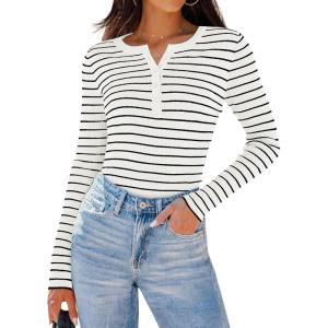 imageZESICA Womens Long Sleeve Striped Shirts V Neck Button Up Sweater Casual Loose Basic Tops Trendy Spring ClothesWhite
