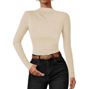 imageZESICA Womens Long Sleeve Tops Mock Neck Ruched Tight Shirts 2025 Fall Trendy OutfitsApricot