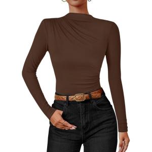 imageZESICA Womens Long Sleeve Tops Mock Neck Ruched Tight Shirts 2025 Fall Trendy OutfitsCoffee