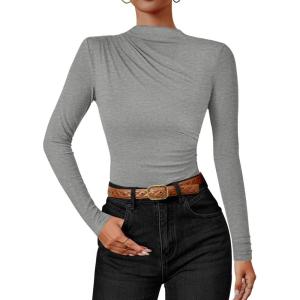 imageZESICA Womens Long Sleeve Tops Mock Neck Ruched Tight Shirts 2025 Fall Trendy OutfitsGrey