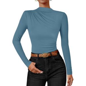 imageZESICA Womens Long Sleeve Tops Mock Neck Ruched Tight Shirts 2025 Fall Trendy OutfitsHaze Blue