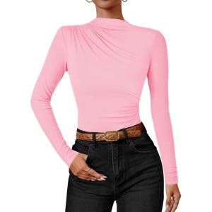 imageZESICA Womens Long Sleeve Tops Mock Neck Ruched Tight Shirts 2025 Fall Trendy OutfitsPink