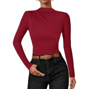 imageZESICA Womens Long Sleeve Tops Mock Neck Ruched Tight Shirts 2025 Fall Trendy OutfitsRed