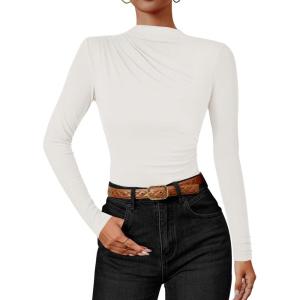 imageZESICA Womens Long Sleeve Tops Mock Neck Ruched Tight Shirts 2025 Fall Trendy OutfitsWhite