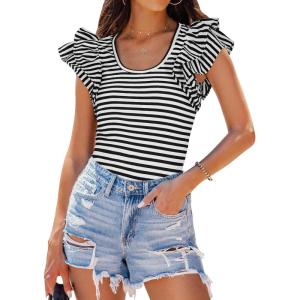 imageZESICA Womens Ruffle Short Sleeve Striped T Shirts Summer Scoop Neck Slim Fitted Causal Basic Tee TopsBlack