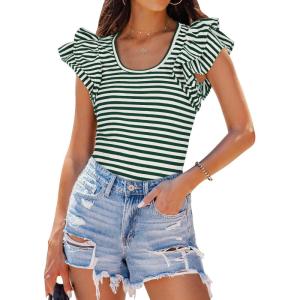 imageZESICA Womens Ruffle Short Sleeve Striped T Shirts Summer Scoop Neck Slim Fitted Causal Basic Tee TopsGreen