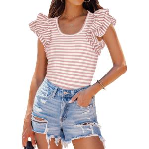 imageZESICA Womens Ruffle Short Sleeve Striped T Shirts Summer Scoop Neck Slim Fitted Causal Basic Tee TopsPink