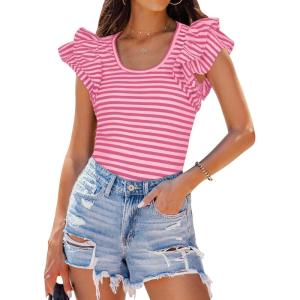 imageZESICA Womens Ruffle Short Sleeve Striped T Shirts Summer Scoop Neck Slim Fitted Causal Basic Tee TopsRose Pink