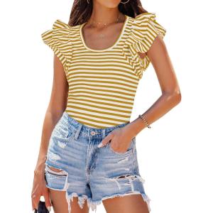 imageZESICA Womens Ruffle Short Sleeve Striped T Shirts Summer Scoop Neck Slim Fitted Causal Basic Tee TopsYellow